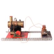 Mamod steam engine, mounted on Meccano base plate with generator
