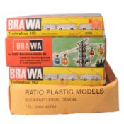 Three Brawa HO kits, trackside kits and models, model railway electrics, various.