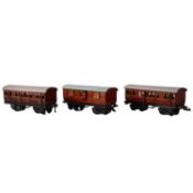 Bing, three O gauge model railway Shortie Bogie Coaches, LMS livery