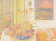 Irene Halliday, (Scottish, 1931-2023) Still life of flowers near an open window, town beyond