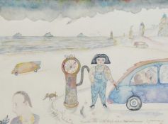 P Jacques (British, 20th century) Seaside Scene with Shell Oil and Businessman