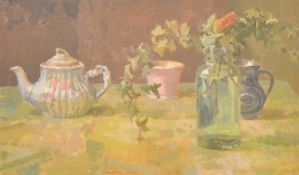 § Norman Smith NEAC (British, 1910-1996) Still life of teapot, jug, pot, and ivy in glass vase