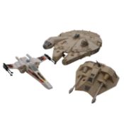 Star Wars model vehicles, three including Millennium Falcon; X-Wing, crashed; Snow Speeder.