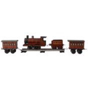 GBN/ Bing, O gauge clockwork model railway locomotive, tender, and coaches