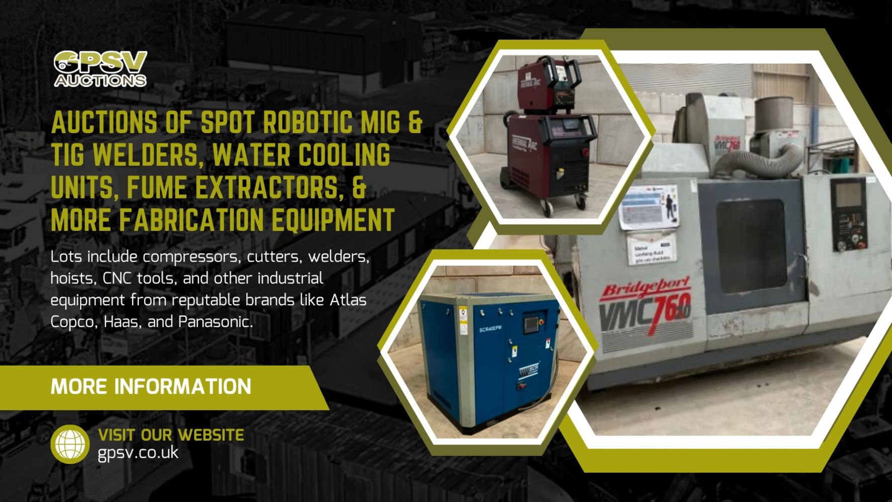 Auctions of Spot Robotic MIG & TIG Welders, Water Cooling Units, Fume Extractors, & More Fabrication Equipment from a Major Fabrication Company.