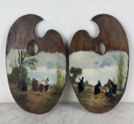 Aymat - Set of two painted palettes - Sword duel scenes with naked women Two wooden painter's