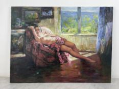 Contemporary School - Woman Lying by a Window Oil on canvas depicting a nude Asian woman lying on an