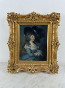 French school, late 18th century. Portrait of a woman with a blue headdress and bow. A hairstyle