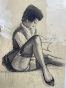 Original charcoal drawing by Bernard Peltriaux. Original charcoal drawing of a woman in stockings,