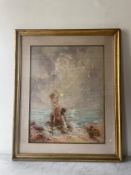 G. Stelly-Desmoulins - Erotic-satirical scene by the sea - Pastel on paper Bold scene depicting a