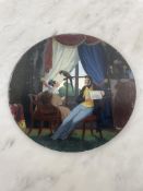 Fixed under glass - 19th century - Bourgeois couple with a parrot, Empire style Scene painted on