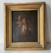 Oil painting on panel - Genre scene, 19th century Depicting a couple in a genre scene: a smiling man