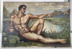 Nude Man by the River - In the Style of the 1930s Large figurative scene depicting a naked man in