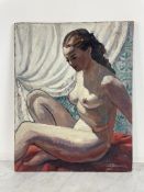 Attributed to Bernard Peltriaux (1925-2002) - Seated nude against a backdrop of drapery - Acrylic on
