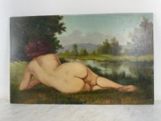 French School (unsigned) - Nude Woman by the Water - Oil on panel Large decorative scene depicting a