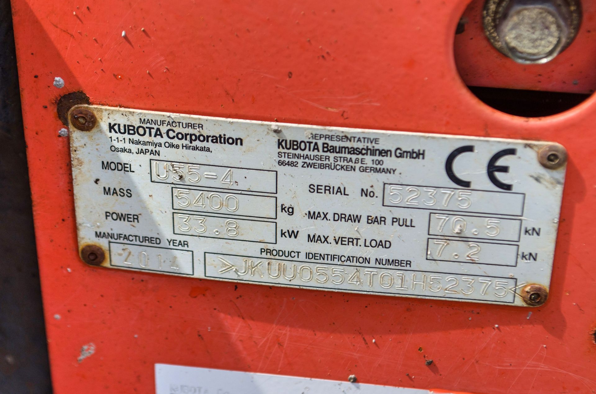 Kubota U55-4 5.5 tonne rubber tracked excavator Year: 2014 S/N: 52375 Recorded Hours: 3768 blade, - Image 28 of 28
