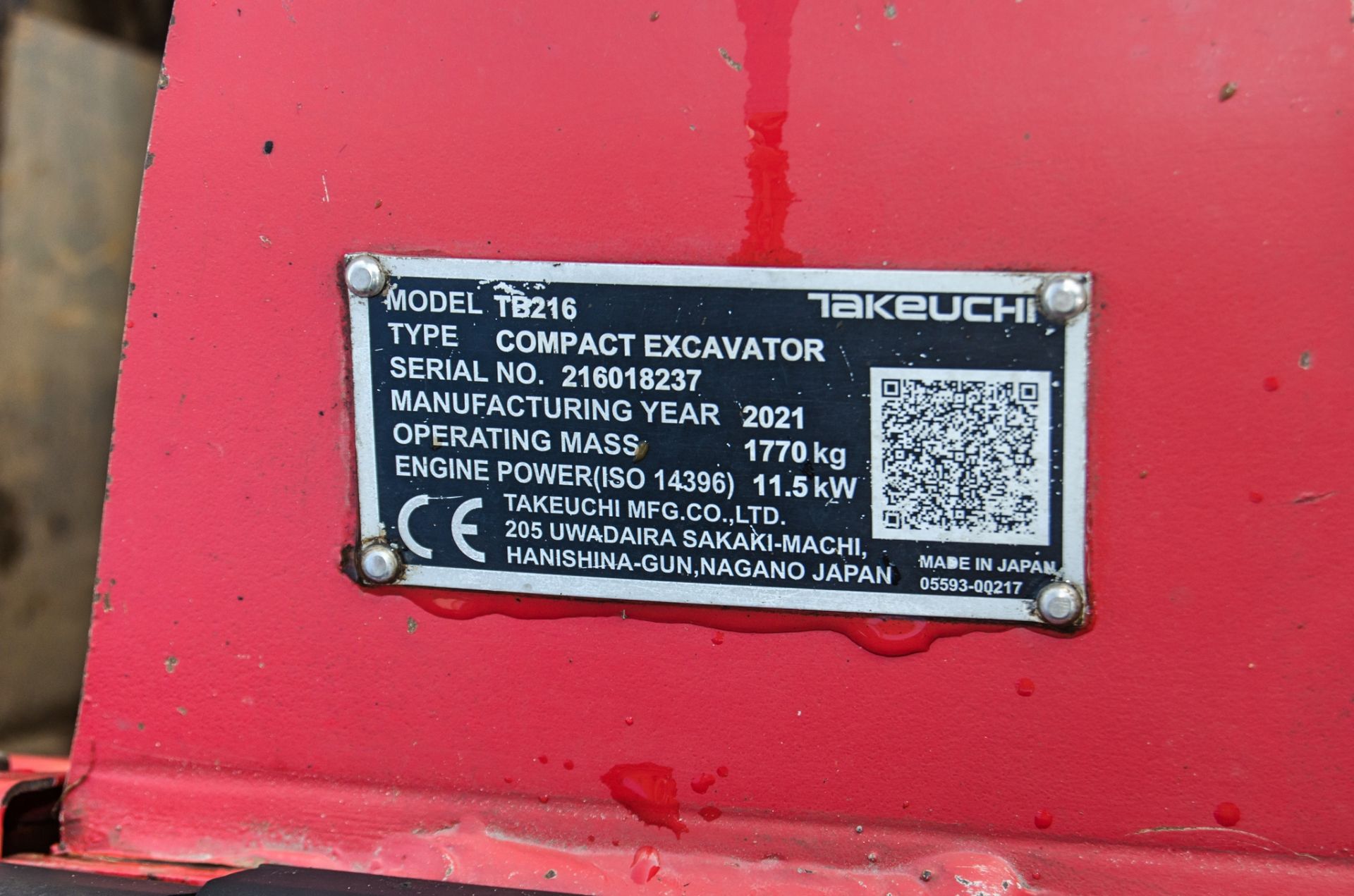 Takeuchi TB216 1.6 tonne rubber tracked mini excavator Year: 2021 S/N: 216018237 Recorded Hours: - Image 28 of 37