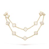 Vintage Alhambra style Long Necklace Mother Of Pearl & 18ct Yellow Gold