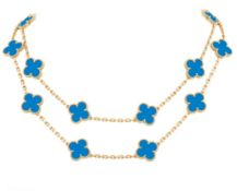 Vintage Alhambra Style Long Necklace Agate -18K Yellow Gold