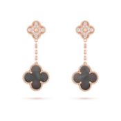 Vintage Alhambra Style Earrings - Grey Mother Of Pearl - 18K Rose Gold - Natural Diamonds