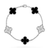 Alhambra Style Vintage Bracelet 5 Motifs 18k White Gold Natural Diamonds & Black Onyx