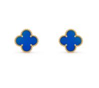 Vintage Alhambra Style Earrings Blue Agate - 18ct Yellow Gold