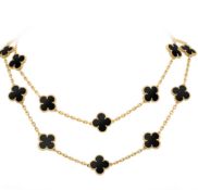 Vintage Alhambra Style Long Necklace Black Onyx &18K Yellow Gold