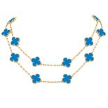 Vintage Alhambra Style Long Necklace Agate -18K Yellow Gold