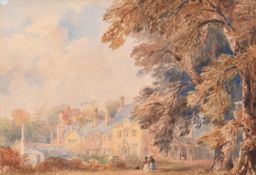 British School (19th Century) Ladies strolling beneath the trees in the grounds of a country house