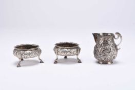 A pair of George III silver salts and a silver jug