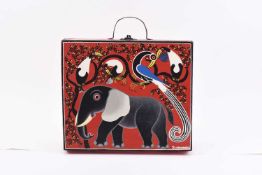 Zabury Muradi Chimwanda (1947-2013) Elephant, Zebra and Birds, painted wooden case