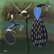 Mr Martin (Tanzanian) Peacock and other birds, Tingatinga school