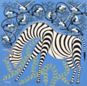 Yusufu (Tanzanian) Zebra grazing with birds above