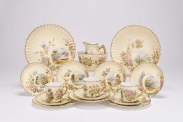 An English bone china coffee service painted with landscapes and flowers, late 19th century