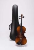 A cased violin with music stand