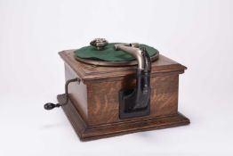 An oak cased HMV (Victor Talking Machine Co) wind-up gramophone player, model VV-VI
