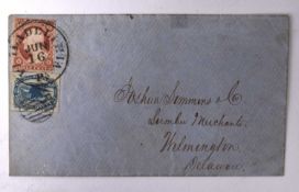 USA, cover with 1851 1c Blue Eagle Carrier stamp and a fine 3c imperf to Wilmington