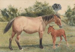 Minnie Smythe ARWS (1872-1955) Mare and Foal in a Landscape