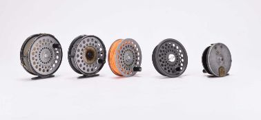 Three Hardy fly reels: The Viscout, Sunbeam and St.Aiden, with two spare spools