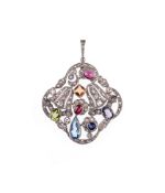 Anhänger mit diversen Farbsteinen, zum Teil synthetische, zahlreiche Diamanten, vermutlich Silber