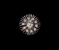 Brosche/Pin, Brillant ca. 0,56 ct (Natural am Rand), 10 Brillanten ca. 0,5 ct, 585er Weißgold ca.