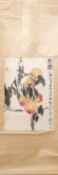 A CHINESE HANGING SCROLL PAINTING OF PEACHES ATTRIBUTED TO GU WEN BIN (1811-1889)