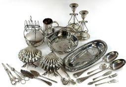 Silver Plate: a pair of novelty candlesticks, the stems modelled as lyres, 20cm; two butter dishes o