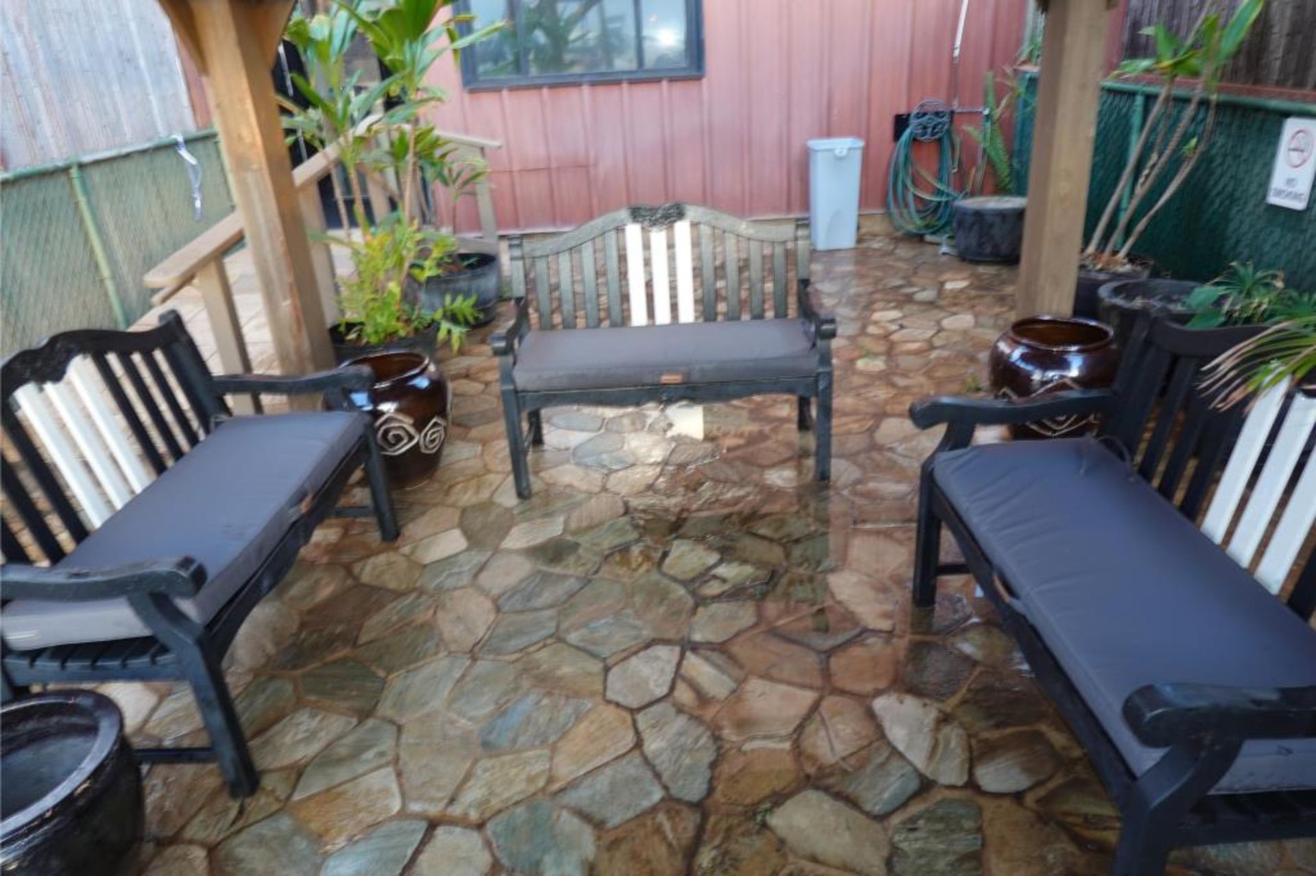 Patio Seating Benches And Potted Plants - Image 3 of 18