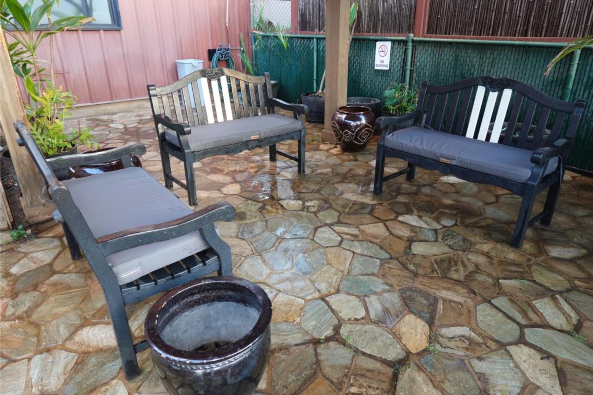 Patio Seating Benches And Potted Plants - Image 2 of 18