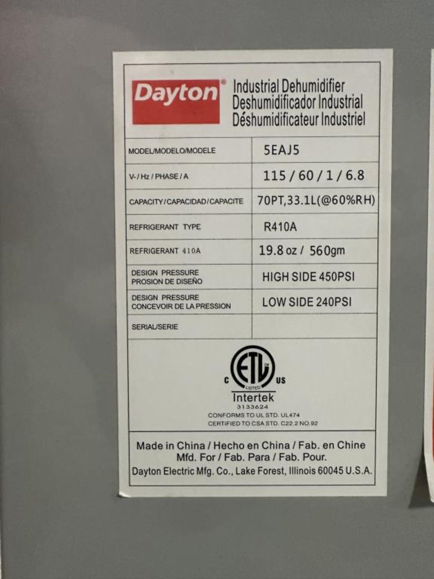 Dayton Industrial Dehumidifier - Image 5 of 5