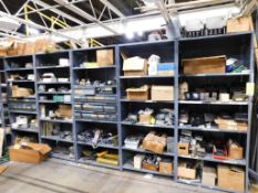 (6) Sections of shelving with contents. To include Fanuc PLC's, switches and sensors