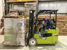 3,000 POUND CLARK 3-WHEEL ELECTRIC FORKLIFT WITH BALE CLAMP ATTACHMENT WITH BATTERY CHARGER