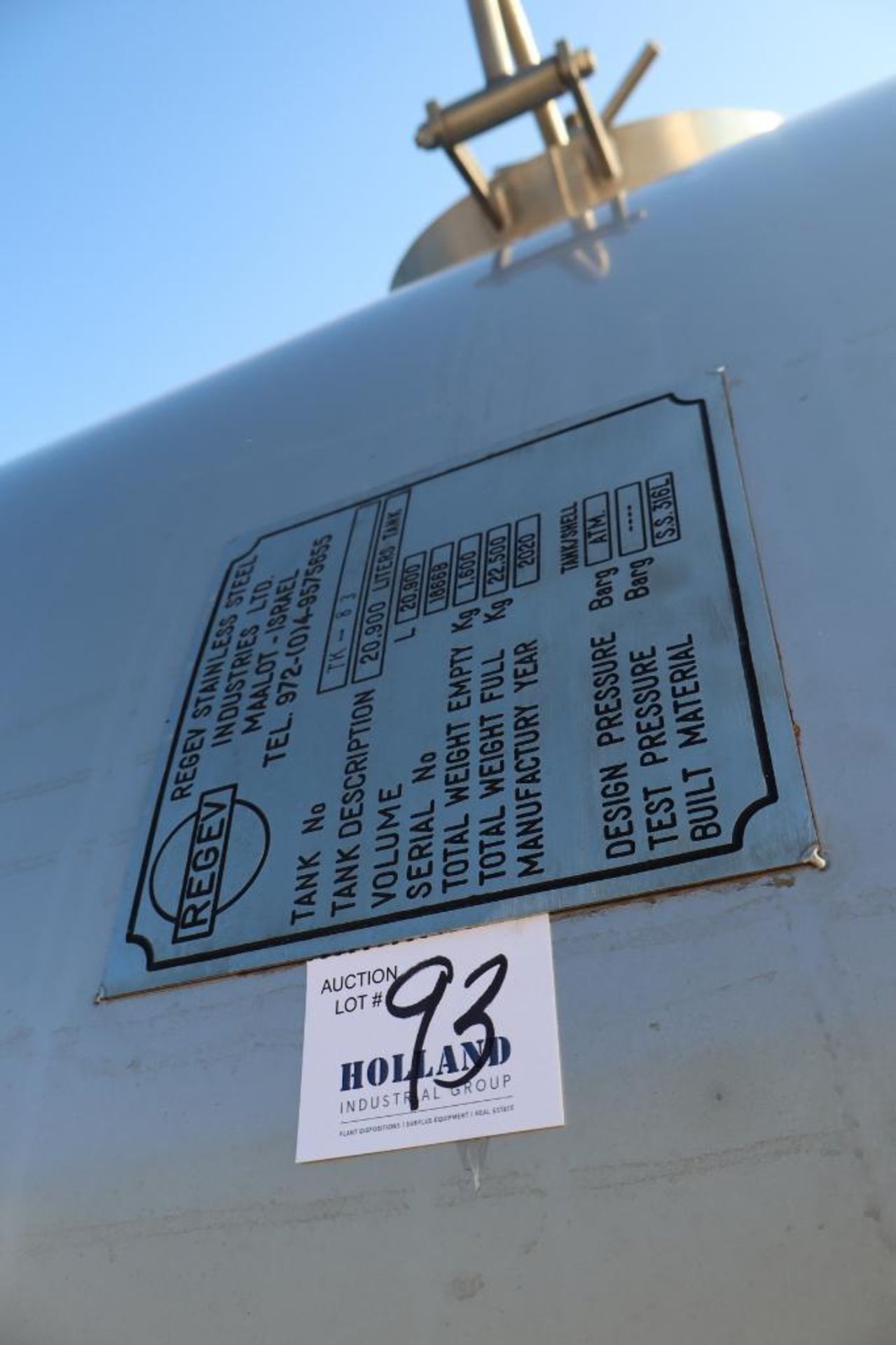 2020 Regev TK-83 approx. 5,500 gallon 316 Stainless Steel Tank S/N 1866B - Image 3 of 5