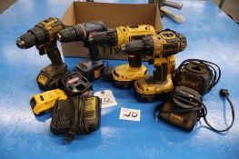 Lot of Dewalt and Ryobi Cordless Drills with Battery Chargers